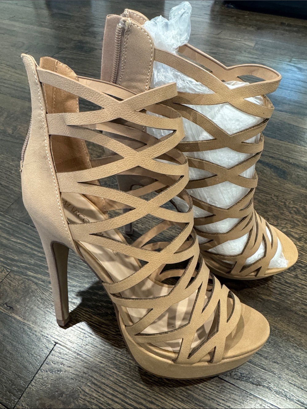 NWOT Strappy Tan High Heel Sandal with Back Zip